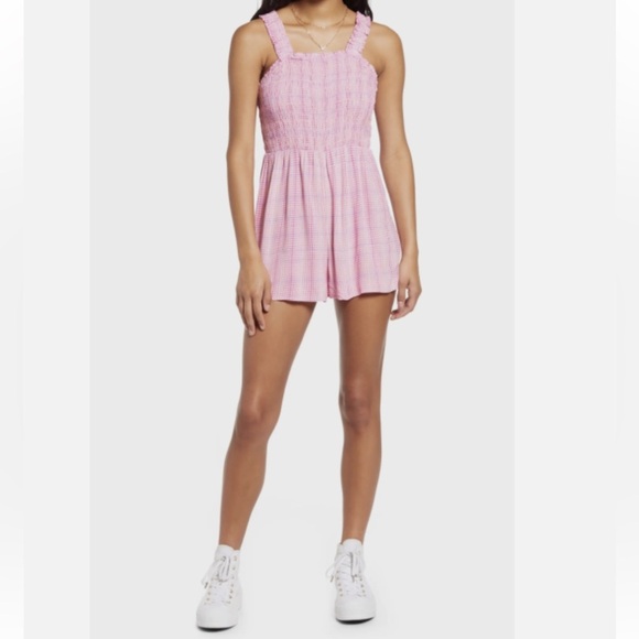 bp Pants - NWT BP. Smocked Bodice Shorts Romper In Pink Geodot Plaid Size Small